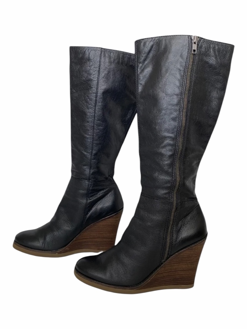 Lucky Brand Black Leather Knee -HighWedge Boots Size 8